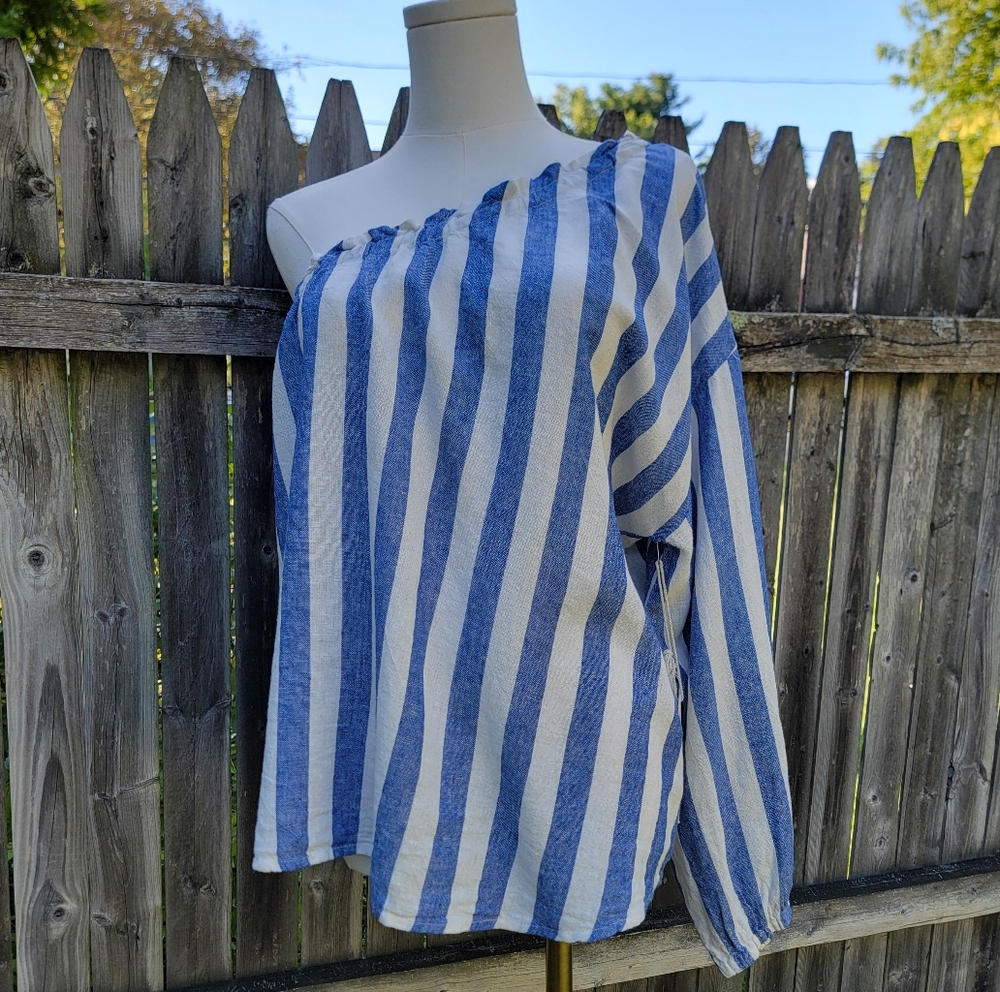 Joie Linen Blend Top Blue and White Striped One Sleeve XL Boho